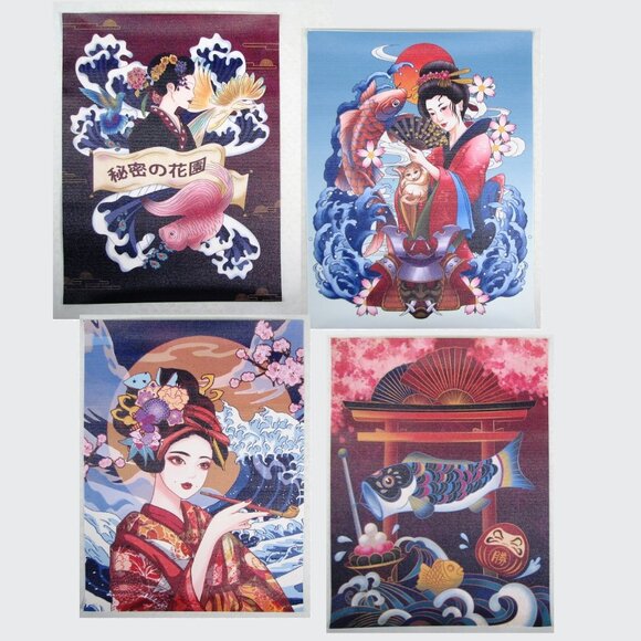 Japanese Art Prints Unframed Lot of 4 Colorful Heavy Canvas 12" X 16" Cryuwox - Picture 1 of 11